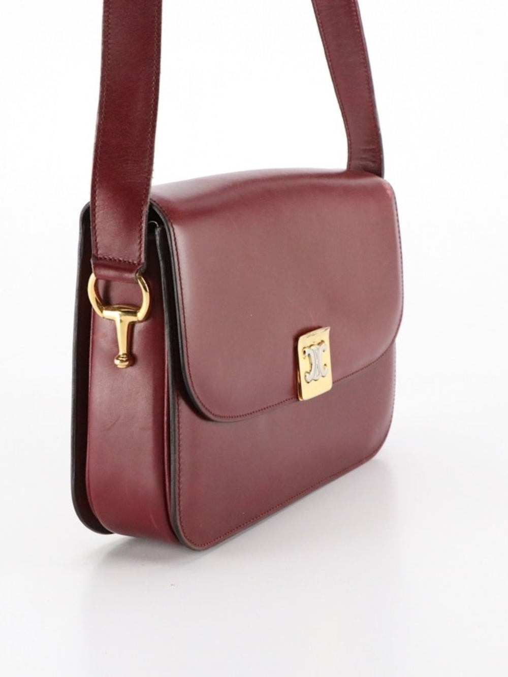 Celine Triomphe Lock Front Flap Shoulder Bag in Burgundy Leather